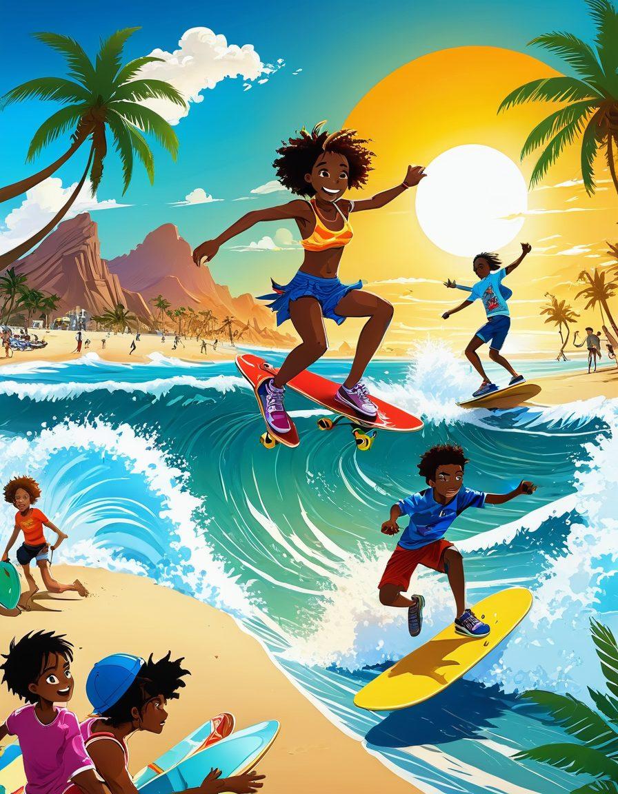 An adventurous scene blending manga characters engaging in extreme sports like skateboarding and surfing, lounging on the beach under the sun. Illustrate vibrant manga-style expressions reflecting excitement and relaxation amidst dazzling sun rays and energetic waves. Incorporate elements like colorful graphics and adult themes subtly hinting at maturity while maintaining playfulness. The background should feature a lively beach with palm trees and a bright blue sky. vibrant colors. manga style.