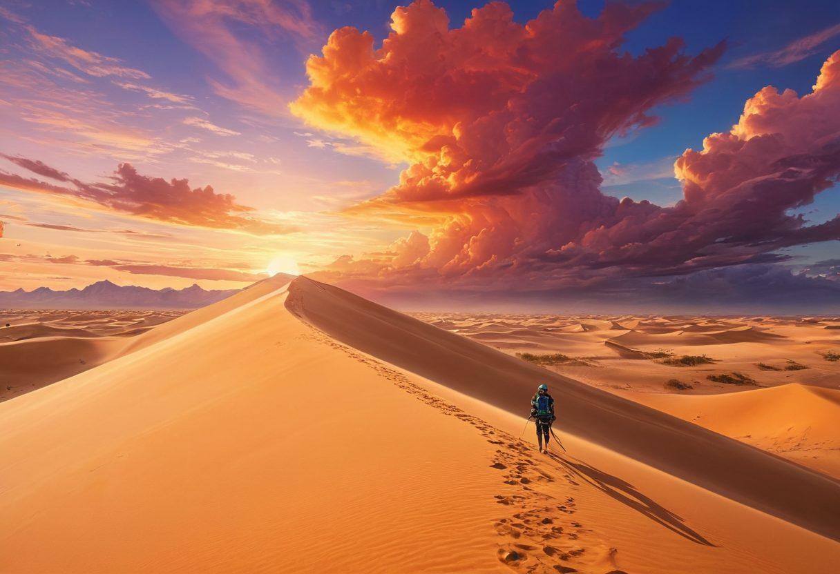 A vibrant desert landscape featuring a fusion of adult anime characters engaging in extreme sports like sandboarding and kite surfing. In the background, towering sand dunes meet a colorful sunset sky, with whimsical anime-style clouds scattered above. Additional fantasy elements, such as mythical creatures and futuristic gear, enhance the scene, creating an energetic and immersive atmosphere. The colors should be bright and captivating, drawing the viewer into this unique world. super-realistic. vibrant colors. digital illustration.